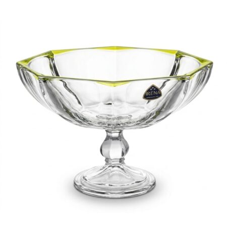 Irena Hamburg Crystal Glass Footed Bowl Green Rim 29cm